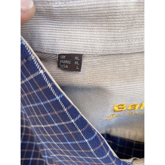 Barbour Mens Large Country Check Shirt Navy Blue Tan Plaid Cotton Corduroy Cuffs - Picture 9 of 14